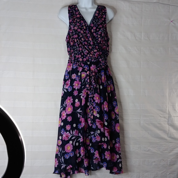 DKNY Faux Wrap Sleeveless Dress Navy Blue Floral Hi-Lo Asymmetric Hem Size 16‎ - Picture 1 of 15